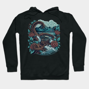 Flying steam train and crashing waves with snakes Hoodie